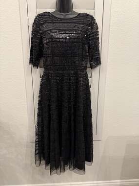 NWT Johnny Was Black Beaded Sequin Mesh Midi Dress Size 8 $625 Retail